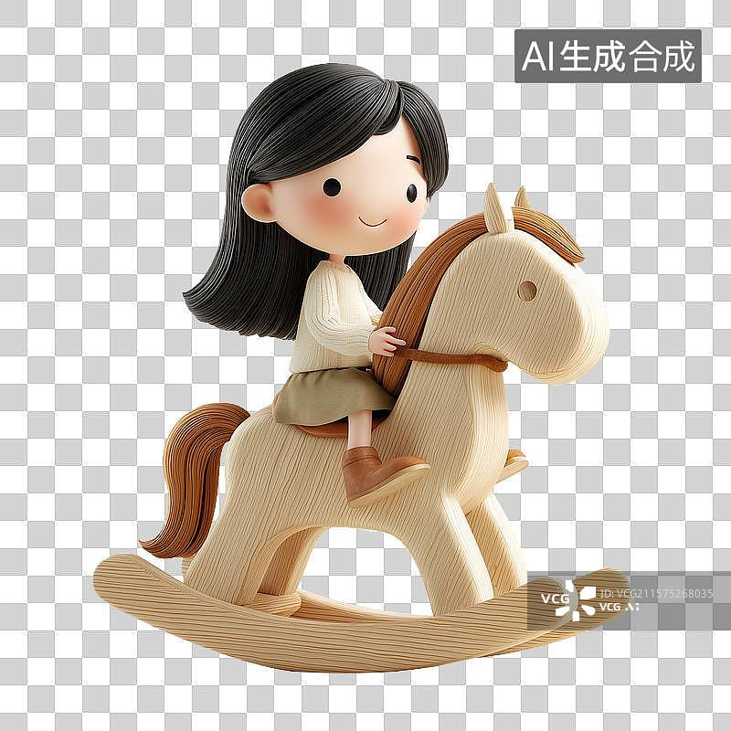 【AI数字艺术】骑着木马玩具的卡通女孩图片素材