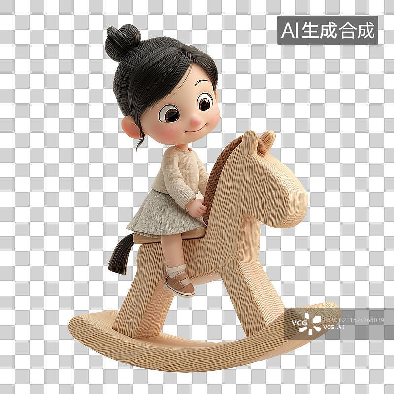 【AI数字艺术】骑着木马玩具的卡通女孩图片素材