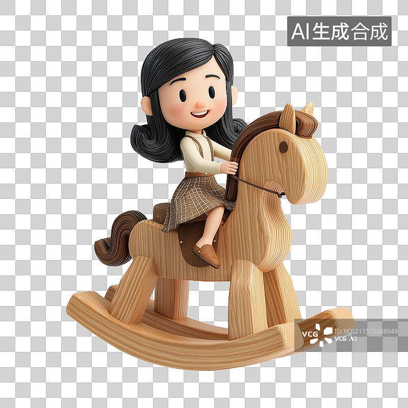 【AI数字艺术】骑着木马玩具的卡通女孩图片素材