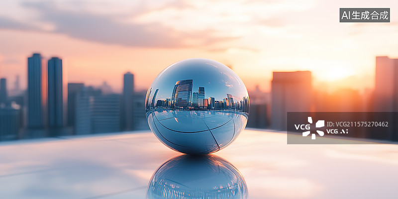 【AI数字艺术】城市广场平台上映射出城市天际线的透明水晶球图片素材