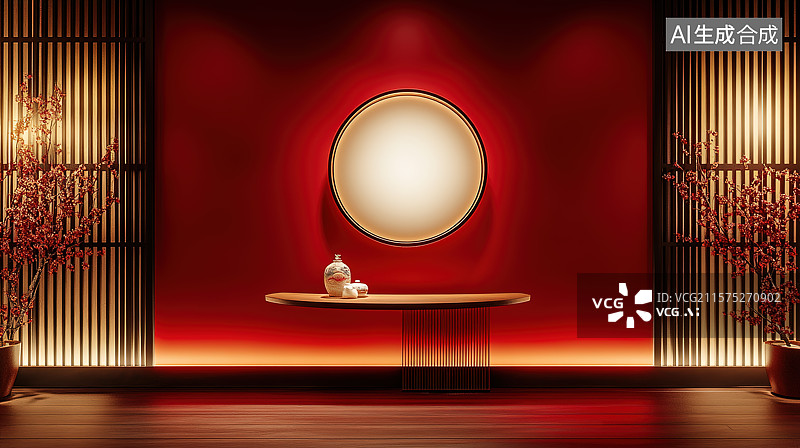 【AI数字艺术】国风新中式红色室内建筑空间图片素材