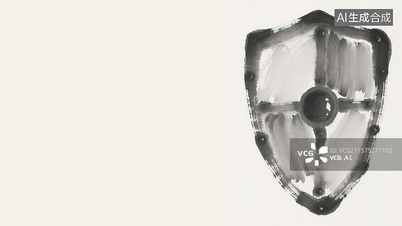 【AI数字艺术】复古中国风水墨画居右背景，金属盾牌古代冷兵器对战防御工具手持格挡 现代安全防护保护概念图标标志标识图片素材