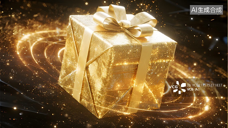 【AI数字艺术】金色粒子光线圣诞树礼物图片素材