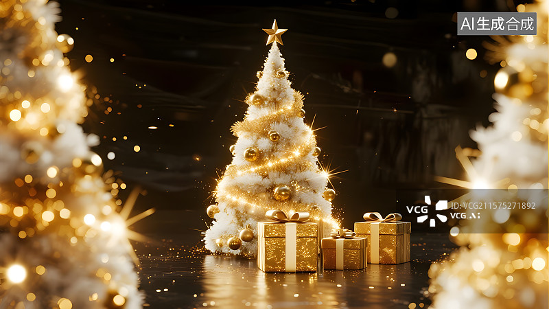 【AI数字艺术】金色粒子光线圣诞树礼物图片素材