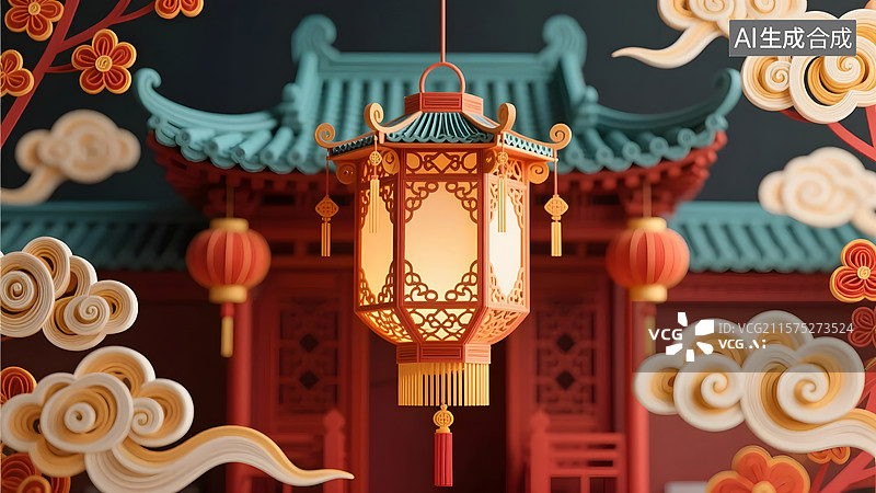 【AI数字艺术】节日灯笼的衍纸风格插图图片素材