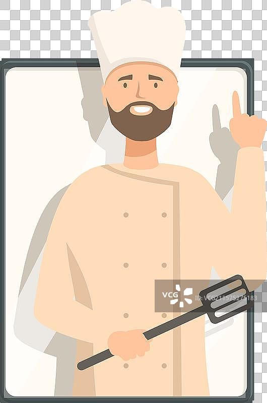 微笑的厨师手持铲子并指向上方图片素材