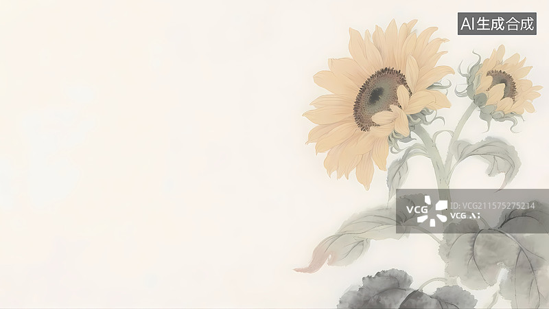 【AI数字艺术】向日葵背景留白水墨画居右图片素材