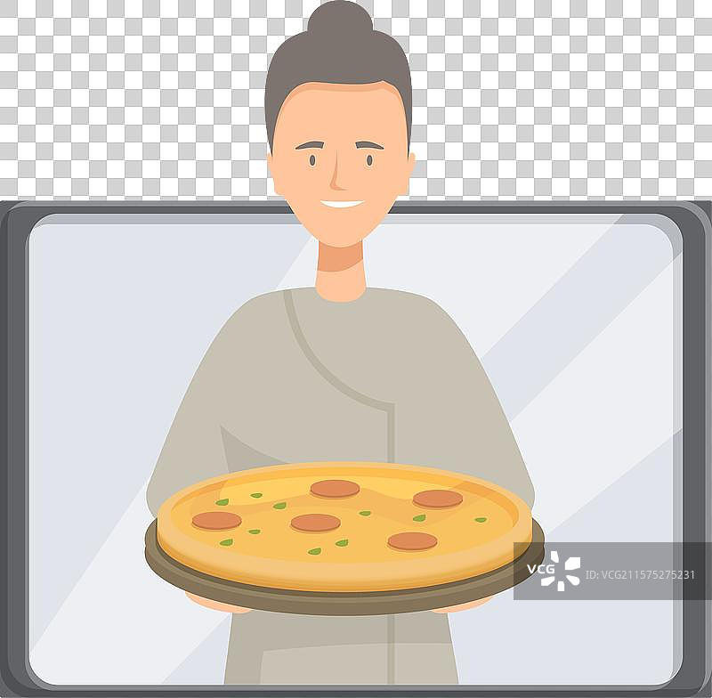 微笑的厨师在屏幕前举着披萨图片素材
