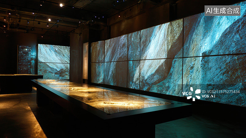 【AI数字艺术】多媒体展厅中的岩石纹理展示图片素材