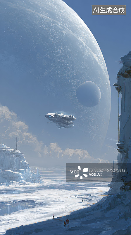 【AI数字艺术】冰冻星球上的未来飞行器图片素材