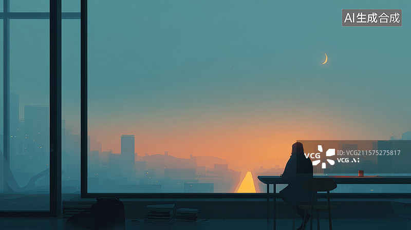 【AI数字艺术】窗边剪影，日落城市景观图片素材