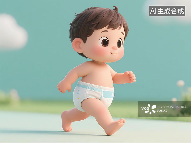 【AI数字艺术】穿纸尿裤的小宝宝走路3d卡通横版插画图片素材