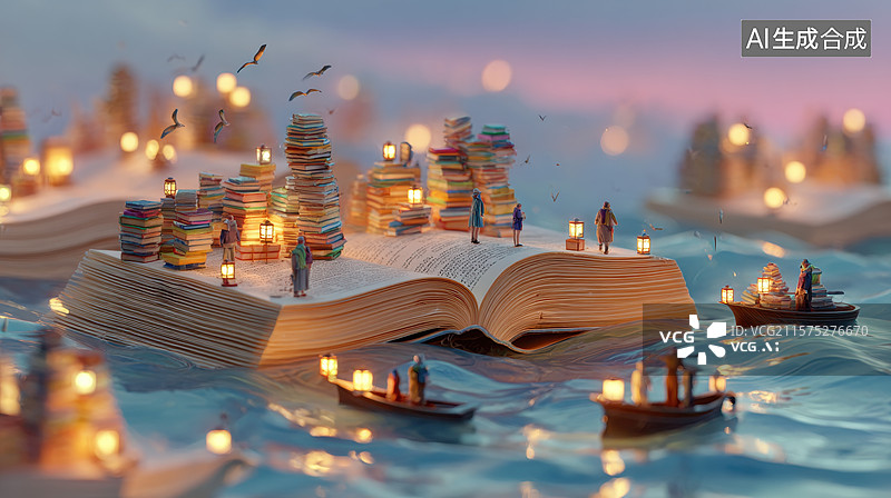 【AI数字艺术】书页上的城市与小船图片素材