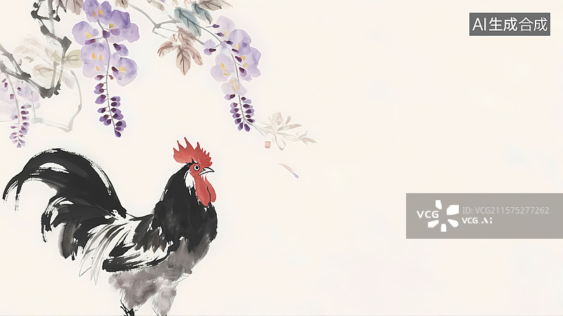 【AI数字艺术】大公鸡与紫藤萝留白背景水墨画居左图片素材