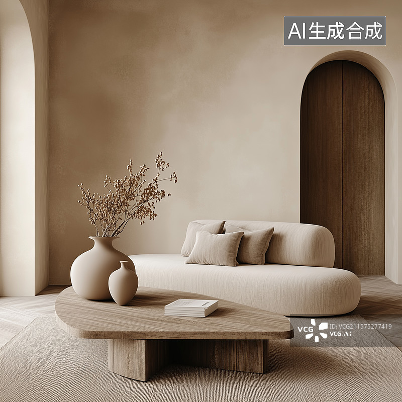 【AI数字艺术】现代极简主义客厅：米色与灰褐交织的温馨光影空间图片素材