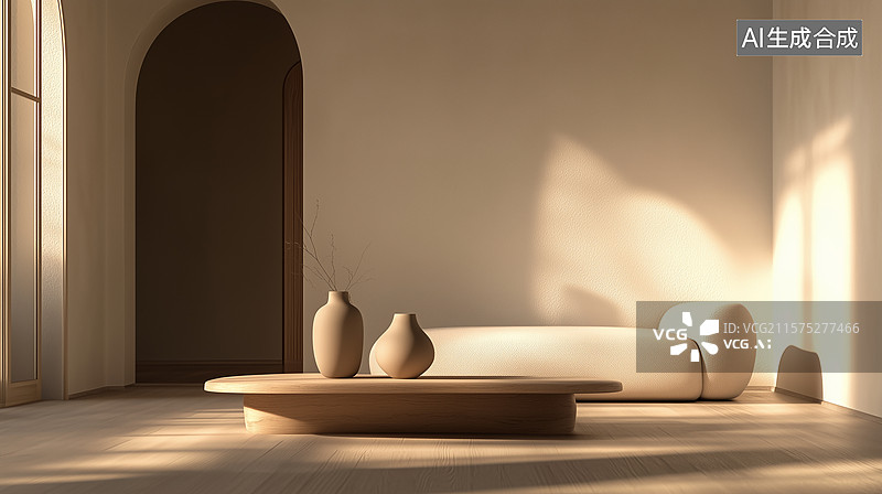 【AI数字艺术】现代极简主义客厅：米色与灰褐交织的温馨光影空间图片素材