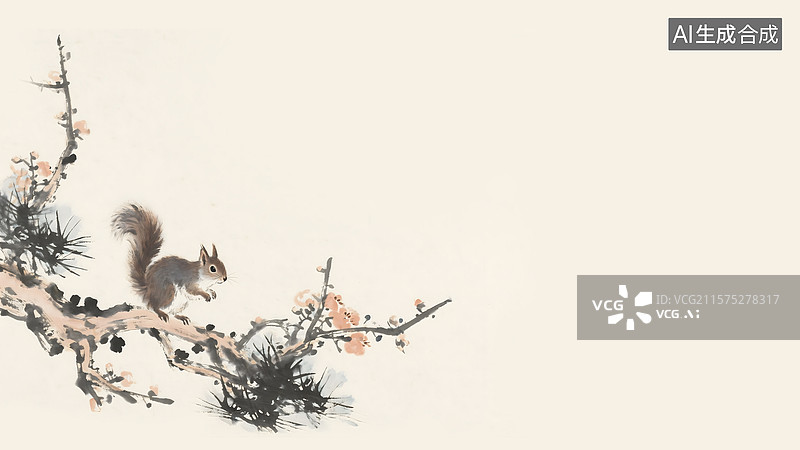 【AI数字艺术】松鼠松树水墨画居左图片素材