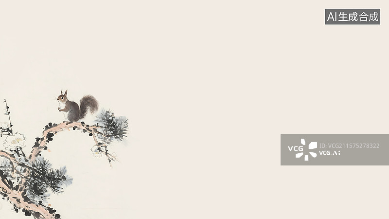 【AI数字艺术】松鼠松树水墨画左下图片素材