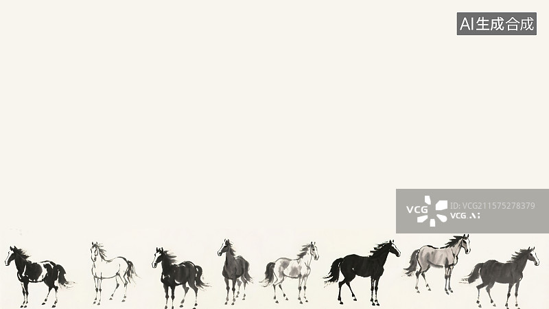 【AI数字艺术】复古中国风水墨画居下背景一大群马匹黑白灰不同颜色品种新国风写意画装饰画印花图案花边边框角图2026年图片素材