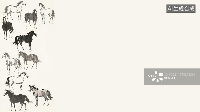 【AI数字艺术】复古中国风水墨画居左背景一大群马匹黑白灰不同颜色品种新国风写意画装饰画印花图案花边边框角图2026年图片素材