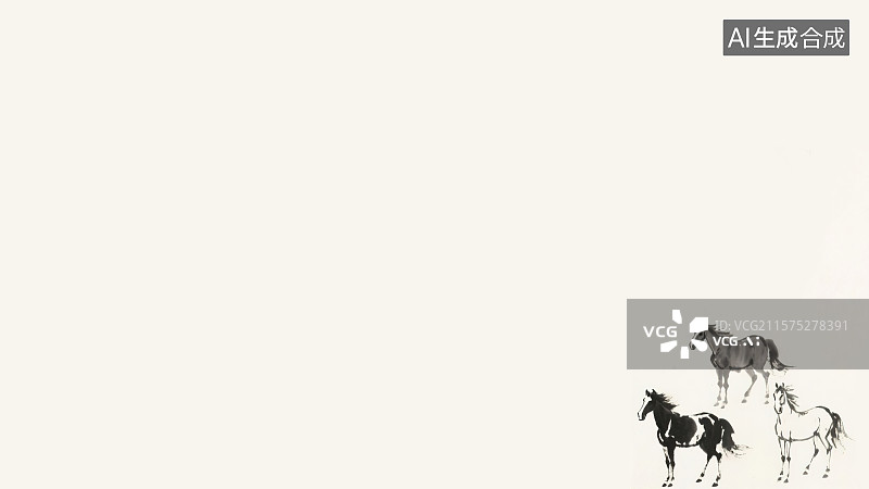 【AI数字艺术】复古中国风水墨画右下背景一大群马匹黑白灰不同颜色品种新国风写意画装饰画印花图案花边边框角图2026年图片素材