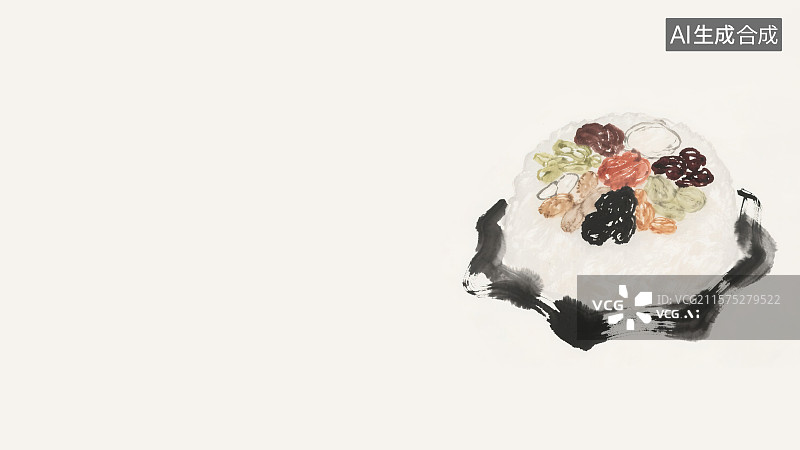 【AI数字艺术】复古中国风水墨画居右背景，团圆八宝饭香甜糯米果脯豆类 汉族传统小吃甜品糕点心腊八节日聚餐庆祝习俗美食图片素材
