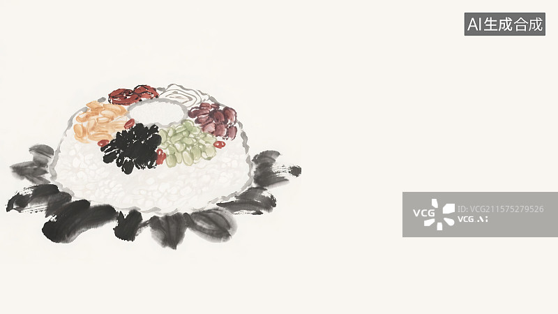 【AI数字艺术】复古中国风水墨画居左背景，团圆八宝饭香甜糯米果脯豆类 汉族传统小吃甜品糕点心腊八节日聚餐庆祝习俗美食图片素材