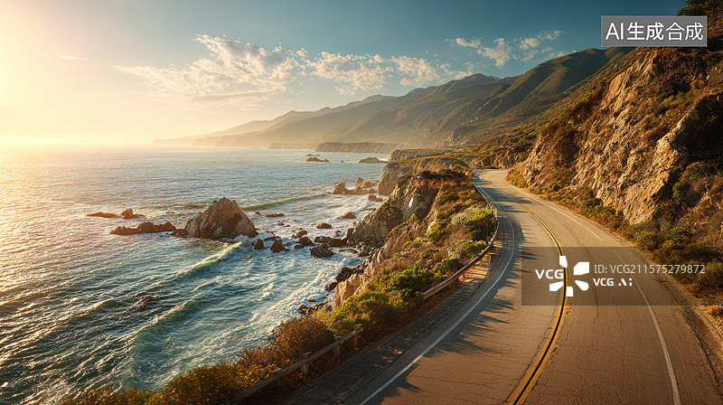 【AI数字艺术】蜿蜒海岸线的公路之旅图片素材