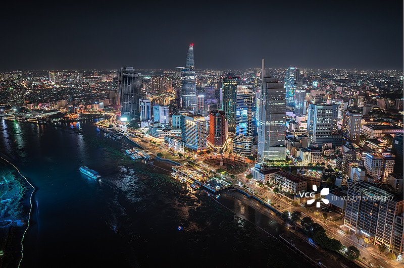 越南胡志明市城市高楼天际线夜景风光航拍图片素材