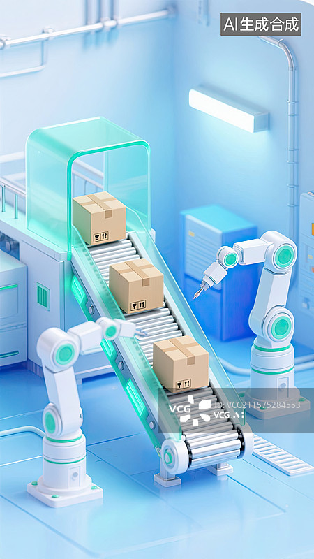 【AI数字艺术】3D，流水线，纸箱，快递，机械臂图片素材