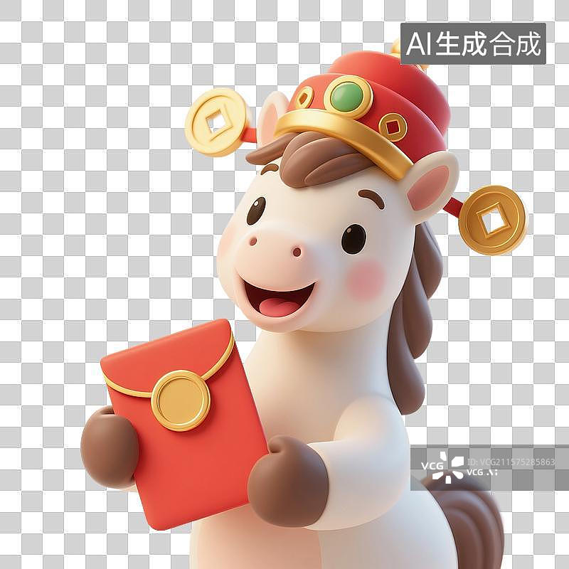 【AI数字艺术】3D渲染，可爱的的卡通小马，中式小马拿着红包，马上发财，马年，马，十二生肖，财神，赚钱，免抠元素图片素材