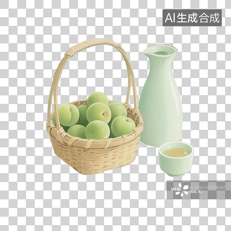 【AI数字艺术】国风手绘插画，青梅酒，梅子酒，米酒，酒壶，酒坛子，酒杯，传统文化，酒文化，免抠元素图片素材