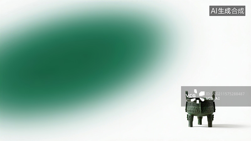 【AI数字艺术】青铜鼎置于白色背景前，背景为渐变绿色，整体画面简洁且富有古典韵味图片素材