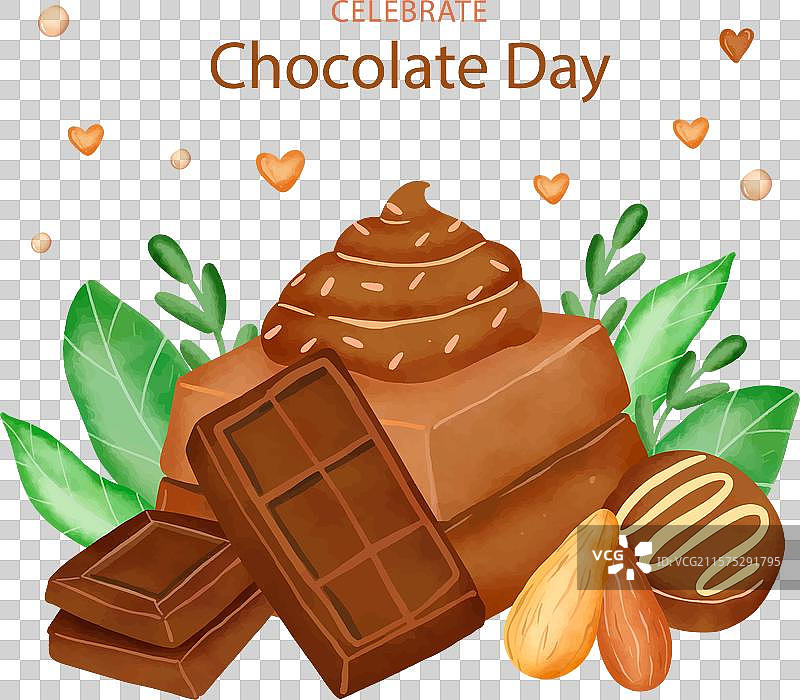 一张巧克力节贺卡，上面有巧克力棒和坚果图片素材