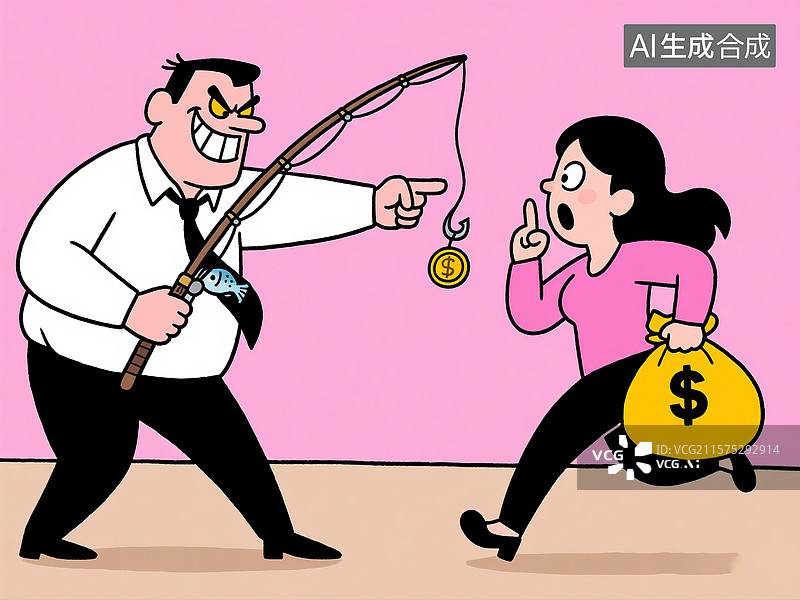 【AI数字艺术】卡通漫画中男性用金币诱饵诈骗场景图片素材