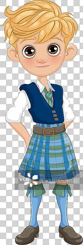 穿着蓝色格子裙的金发男孩图片素材