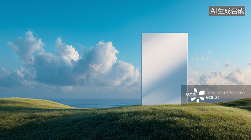 【AI数字艺术】草原上的神秘白色矩形门图片素材