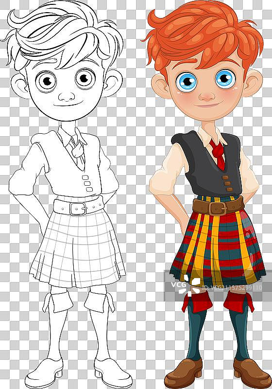 一个穿着传统苏格兰服装的快乐男孩图片素材