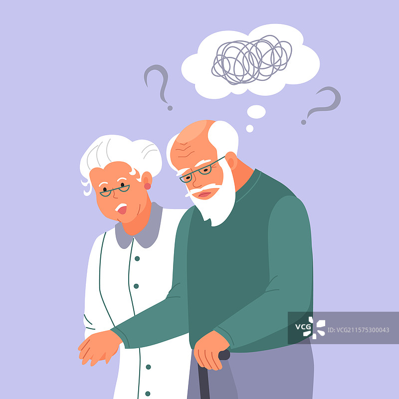老年男性因痴呆症而失去记忆，身边有女性陪伴。图片素材