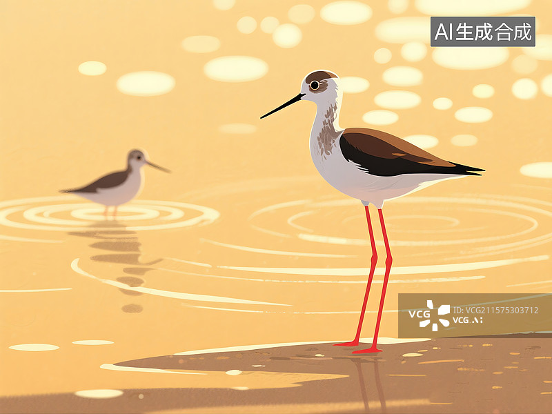 【AI数字艺术】扁平插画中浅滩单腿站立的长脚鹬图片素材