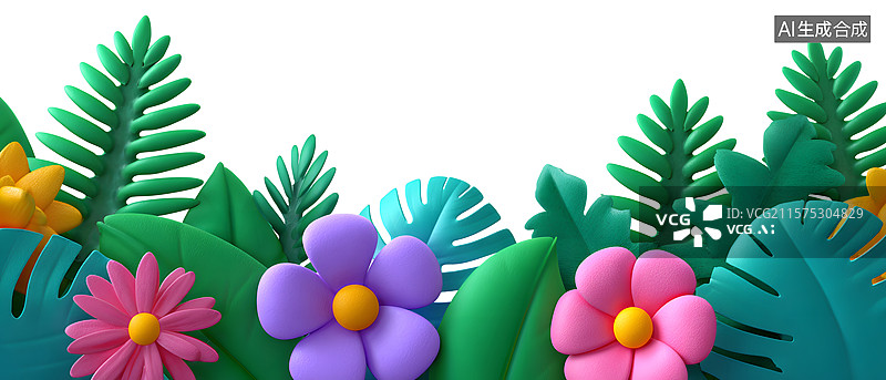 【AI数字艺术】俯视图的热带植物叶子卡通场景图片素材