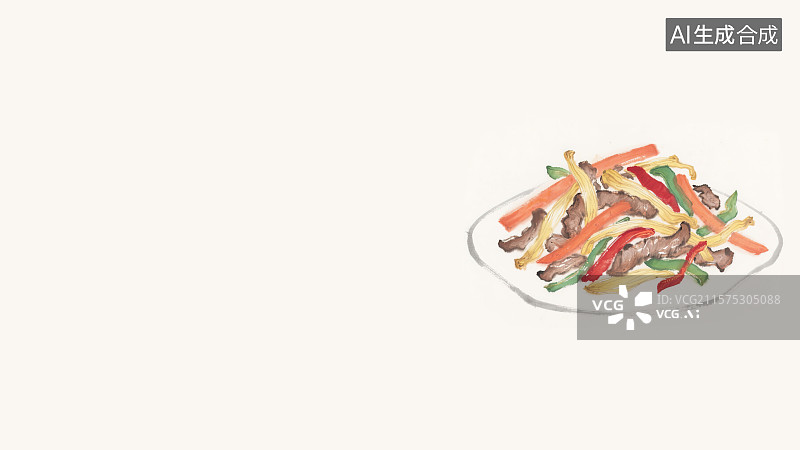 【AI数字艺术】复古中国风水墨画居右背景，鱼香肉丝辣椒青椒炒肉杭椒黑椒牛柳一盘中餐美味食品炒菜中华传统美食辣味下饭菜图片素材