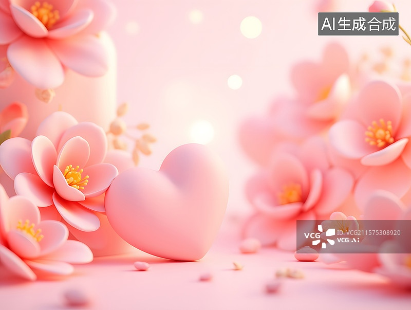 【AI数字艺术】母亲节鲜花与爱心的三维渲染图片素材