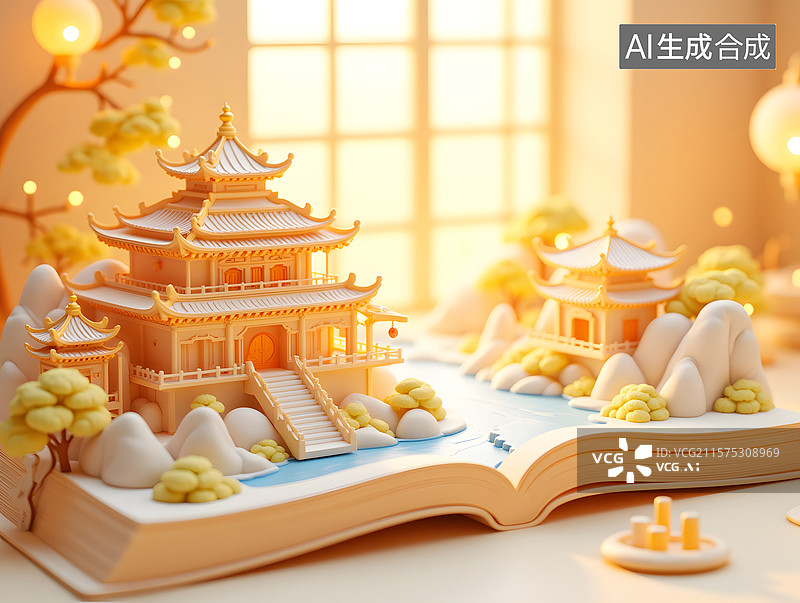 【AI数字艺术】中国风古楼建的国潮插画背景图片素材