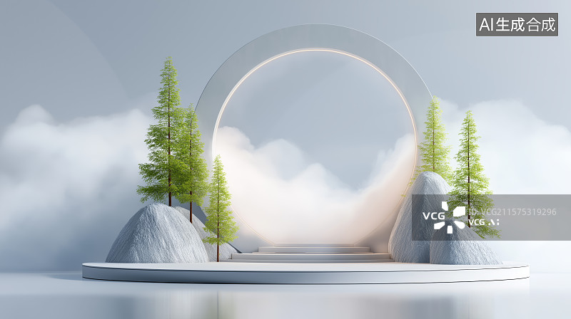 【AI数字艺术】清新森林背景产品展台图片素材