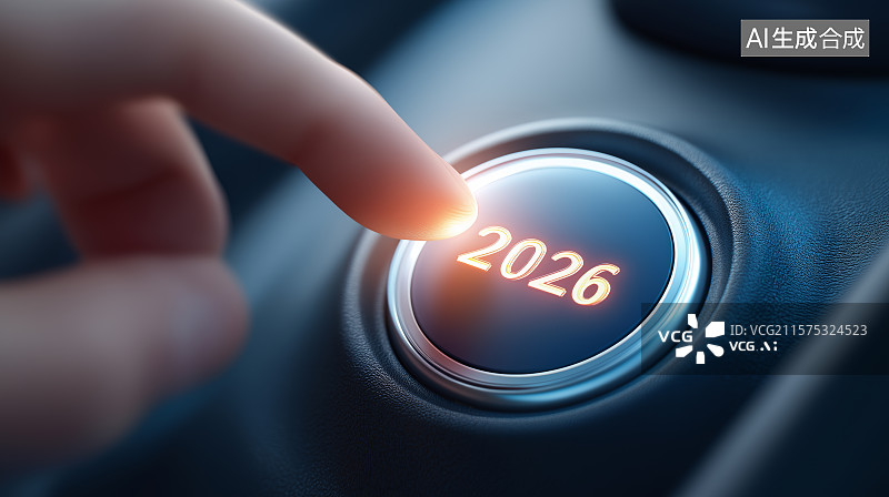 【AI数字艺术】2026年新年庆祝背景——一根手指准备按在2026的按钮上，新年启动图片素材