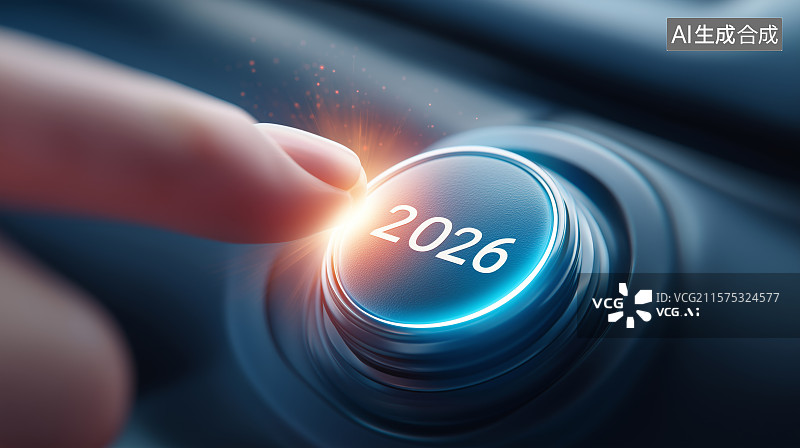 【AI数字艺术】2026年新年庆祝背景——一根手指准备按在2026的按钮上，新年启动图片素材