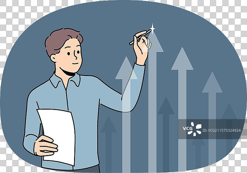 商人正在虚拟屏幕上绘制向上的箭头图片素材