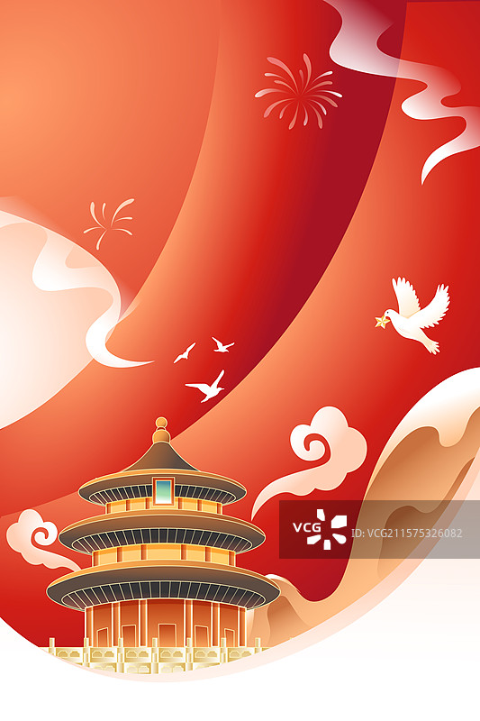 卡通国庆节建党节建军节党建周年庆典活动太和殿长城天坛古建筑风光学生家人旅游自然风景背景渐变矢量插画图片素材
