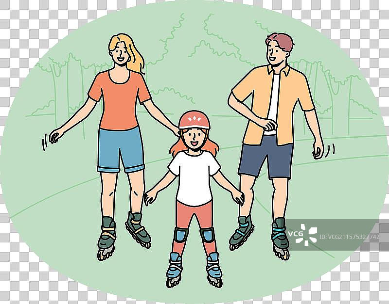 快乐的家庭在公园里滑旱冰，享受团聚时光图片素材